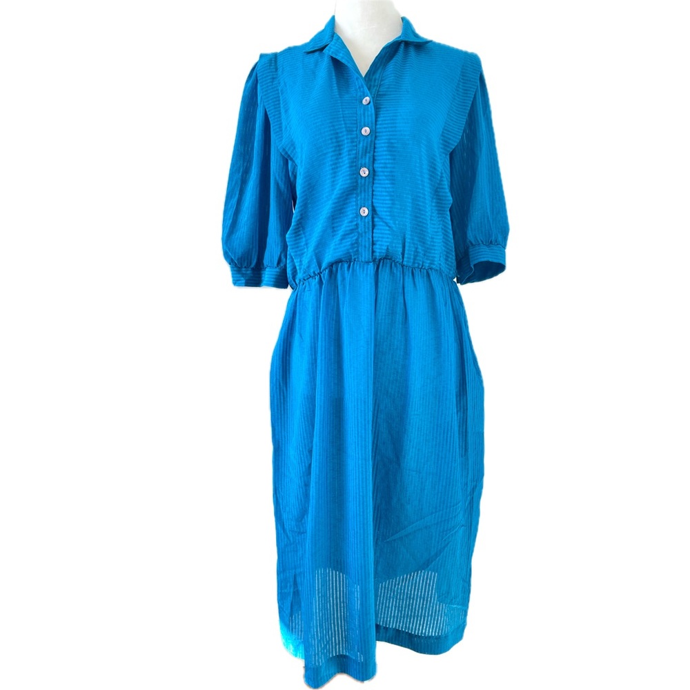 Vintage Pantel 80s Semi-Sheer Blue Button-up Midi Dress; Sm